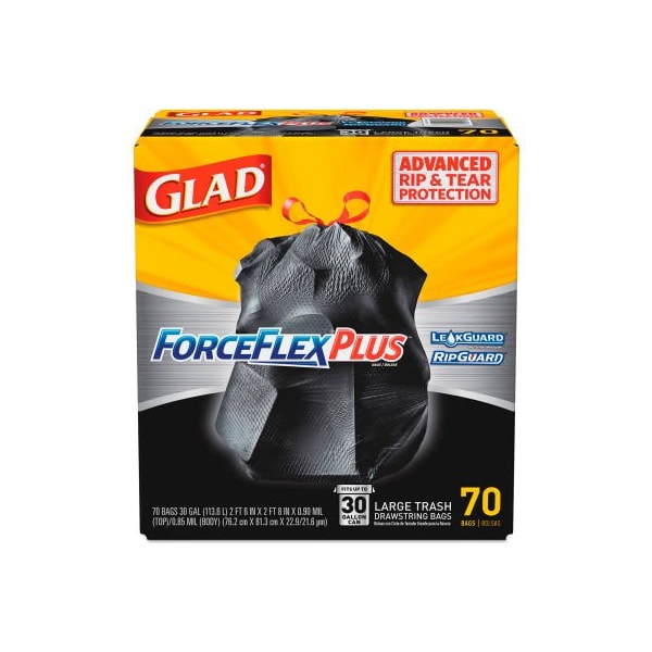 Clorox Glad ForceFlex Plus Outdoor Drawstring Trash Bags - Black, 30 Gal, 1.05 Mil, 70/Box - 70358 - main